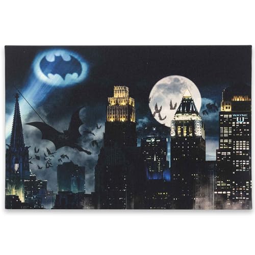 Open Road Brands DC Comics Bat Signal Over Gotham City Gallery Wrapped Canvas Wall Decor - Vintage...