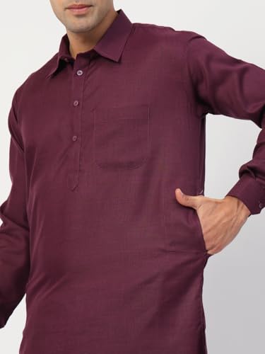 Image of Men's Traditional Pathani Kurta Salwar Set, Red, Long Sleeve, Collared Neck, Cotton Blend, Ethnic Wear