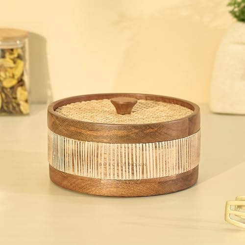 Image of Brick Brown Reed Wooden Roti Box with Hand-Woven Cane Lid | Solid Wood Chapati Box for Kitchen & Dining | Designer Roti Casserole /Roti Hot Pot Case | Handmade Roti Dabba Server (8.1x8.1x4.2 Inch)