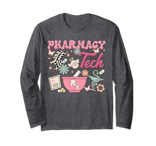 Vintage Pharmacy Tech Technician Pharmacist Student Flower Long Sleeve T-Shirt