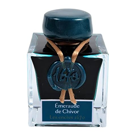 Jacques Herbin - Ref 15035JT - Ink for Fountain Pens & Rollerball Pens - Émeraude de Chivor / Emerald of Chivor - 50ml Bottle - '1670' Jacques Herbin Prestige Collection - Blue-Coloured Ink Cover