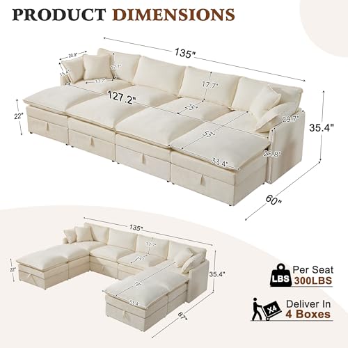 Image of Ihanherry 135 inch Oversized Sectional Sofa Bed with Storage, 8-Seater Modular Cloud Couch with Movable Ottomans, Chenille Deep Seat Sleeper Couches for Living Room (Beige)