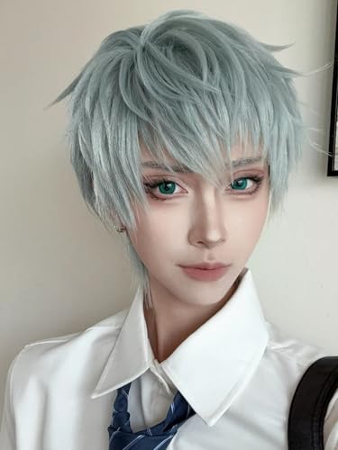 Image of Half and Half Short Light Green Anime Male Wig for Till Cosplay Green Wigs with Bangs for Men Light Teal Spiky Layered Wigs for Unisex Women Halloween Party Costumes