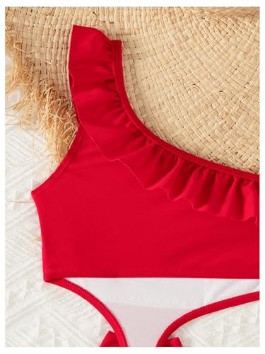 OYOANGLE Girl's Cute One Piece Swimsuit Floral Print One Shoulder Cut Out Ruffle Bathing Suits Swimwear3