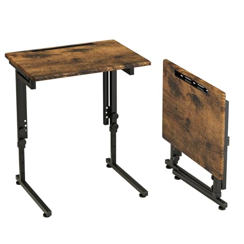 Fleecy day Adjustable Folding TV Tray Table,TV Dinner Small Foldable C-Shaped End Table for Eating,6 Height Adjustable Slide Under Couch Side with Sturdy MDF Top,No Assembly(Brown)