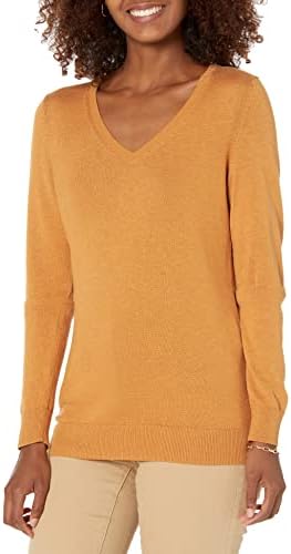 Amazon Essentials Women's Classic-Fit Lightweight Long-Sleeve V-Neck Sweater (Available in Plus Size), Mustard Heather, Large