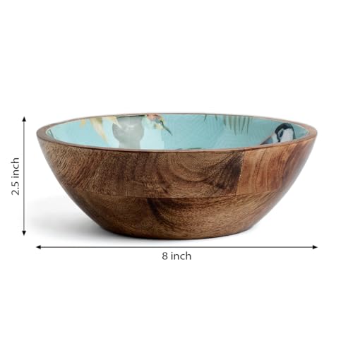 Image of SAAGA Printed Mango Wood Mixing Bowl - 8 x 2.5 Inch Large Stylish Wooden Serving Bowl for Salad, Fruits, Snacks & Curries - Tourmaline Finish