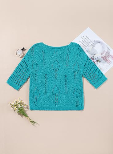 Image of EVALESS Womens Crochet Hollow Out Knit Tops Half Sleeve Spring Summer Sweaters Beach Cover Ups for Women Trendy 2026
