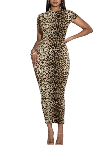 Image of Women's Long Bodycon Dresses Leopard Print Casual Maxi Club Party Tight Dress Short Sleeve