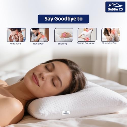 Image of GADDA CO Orthopedic Memory Foam Pillow for Neck, Shoulder & Back Pain Relief - Slim Cervical Pillow for Comfortable Sleep, Removable Jacquard Cover, Size -25x16x4 in, White, 2-Year Warranty, Pack of 2