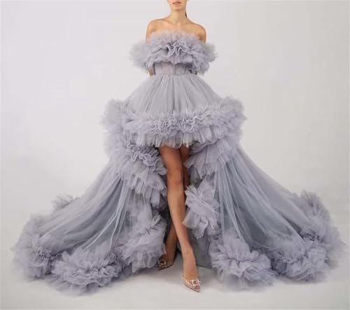 High Low Puffy Tulle Prom Dresses Long for Women Ball Gown 2025 Tiered Ruffles Evening Party Dress4