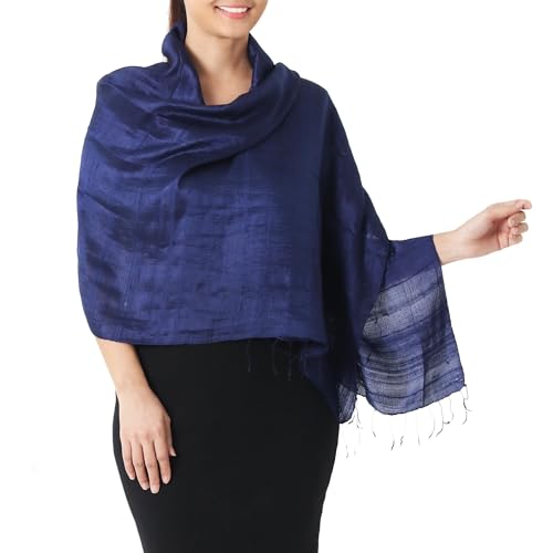 NOVICA Artisan Handwoven Silk Shawl Deep Blue Raw from Thailand Accessories Shawls Royal Classic Reflecting Pond Snorkel Solid ' Shimmering Indigo'
