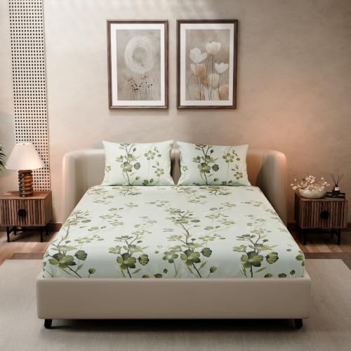 Image of BLISSHOME SoftTouch 140TC Cotton King Size Fitted Bedsheet with 2 Pillow Covers, Silky Smooth Bedding Set, Breathable, Easy Maintain, Floral Print - Green (182cm x 198cm x 25cm Drop)