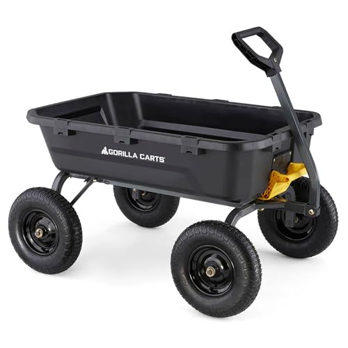 Gorilla Carts Heavy-Duty Poly Yard Dump Cart, 12 Cu Ft Tub, 1600 lb Haul Capacity, Black – Towable Utility Wagon with Quick-Release Dumping & Pneumatic Tires for Landscaping and Gardening