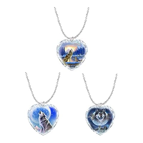 Lifenanny 3 PCS Wolf Pendant Necklace, Unique Heart Shape Charm Necklace with Silver Chain, Jewelry Gifts for Men and Women, Metal, No Gemstone Cover