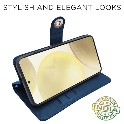 Image of Pikkme Samsung Galaxy S24 5G Flip Cover Leather Finish | Inside TPU with Card Pockets | Wallet Stand and Shock Proof | Complete Protection Button Flip Case (Blue)