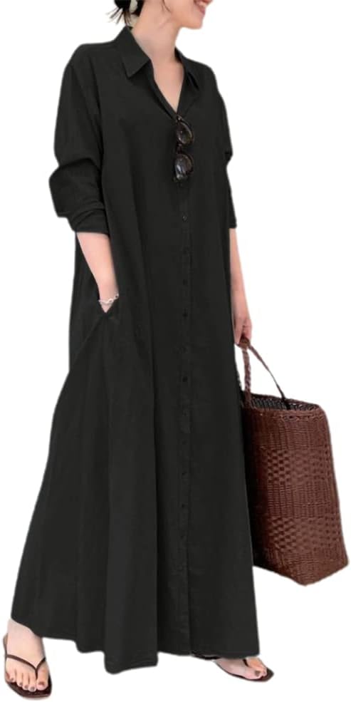 chouyatouWomen's Basic Loose Fit Long Sleeve Button Up Maxi Shirt Dress with Pockets