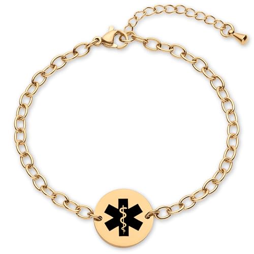 Medical ID Bracelet for Women, Stylish Adjustable Customized Med Alert Jewelry, 18k Gold Rose Silver, Personalized Engraving, Hypoallergenic, Waterproof, Includes Gift Box & Medic ID Wallet Card