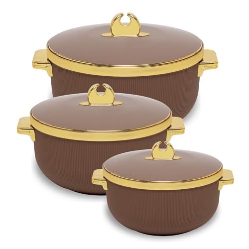 Image of SELVEL Royal Linex Casserole Collection | Insulated Hot Cases | Stainless Steel Inner | BPA-Free | Brown & Lime Green | (Royal Linex Casserole - Brown, Set of 3 (600ml+1200ml+1700ml))
