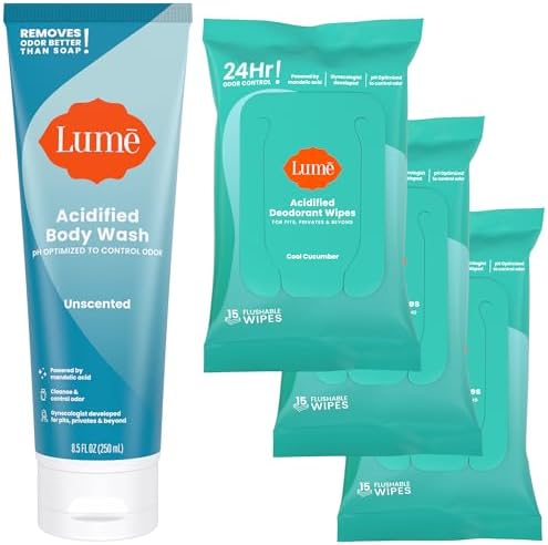 Lume Acidified Body Wash (Unscented) and Acidified Deodorant Wipes (Cool Cucumber) - 24 Hour Odor Control - Removes Odor Better than Soap - Moisturizing Formula - Aluminum Free, Baking Soda Free
