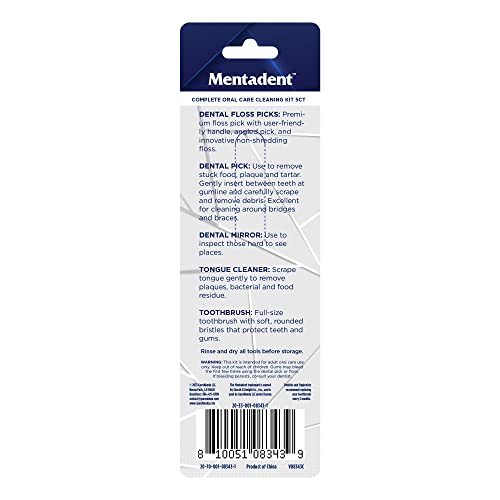 Mentadent Complete Oral Care Kit - Toothbrush, Dental Pick, Tongue Scraper, Dental Mirror & 8 Floss Picks With Travel Case - Dental Tools For Oral Care - Promotes Oral Hygiene, Dentist Recommended #TOP6