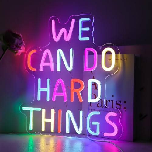 Image of We Can Do Hard Things Neon Sign for Teachers - Dimmable Multicolor Letter Classroom Light with Wired Dimmer, 11.4x12.8 in, Includes 4 Wall Anchors - Back to School Teacher Gift