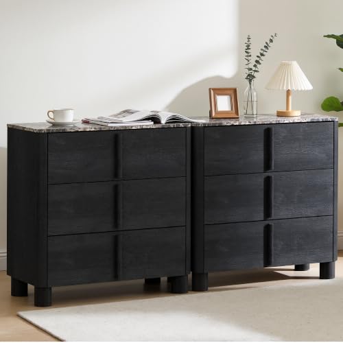 Image of 31.5 inch Wide 3 Drawer Dressers Set of 2, Faux Marble & Wood Storage Cabinet, Modern Curved Accent Chest with Rounded Wood Handles for Bedroom, Living Room & Entryway, Black