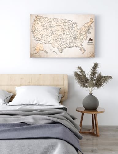 Image of IPIC - Vintage USA Canvas Wall Art, Travel Map Print for Home, Office, or Study, Push Pin Board Decor for Travel Lovers, Ready to Hang