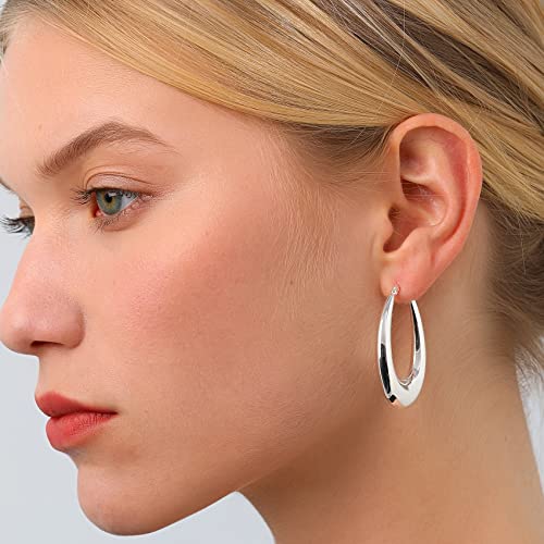 PABBEU Chunky Silver Hoops Earrings for Women, Hypoallergenic Lightweight 925 Sterling Silver Oval Hoop Earring, Sterling Silver Thick Hoop Earrings for Women 25/28/30/38/40mm4