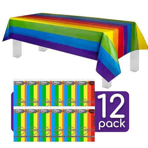 Image of Grandipity Carnival Pride Rainbow Banner Theme 24 Pack Premium Disposable Plastic Tablecloth 54 Inch. x 108 Inch. Decorative Rectangle Table Cover