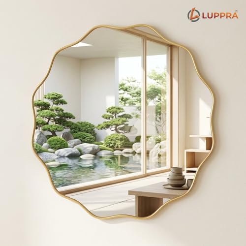 Image of 18x18 Inch Gold Scalloped Wavy Round Mirror - Tempered Glass with Textured Deep Plastic Frame, Modern Decorative Wall Mirror for Bathroom, Living Room, Entryway & Hallway Decor