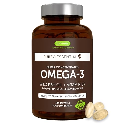 Omega 3 de Aceite de Pescado Salvaje con Vitamina D 3, 1000 UI, EPA y DHA de alta concentración, 6 meses de suministro, rTG de acción rápida, de Igennus