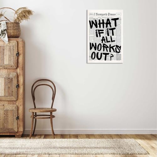 Image of Drimiler Retro Black And White Newspaper Poster What If It All Works Out Canvas Wall Art Positive Affirming Quote Minimalist Prints Painting For Home Bedroom Dorm Wall Decor 16x24in Wframed