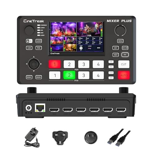 Mixer Plus Compact Video Switcher 4 HDMI with 4Built-in Screen Portable Live Streaming Switcher for Multi-Camera Online Class Event YouTube OBS Zoom