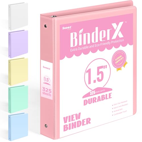 BinderX Extra Durable 1.5 Ring Binder, Round Ring 1.5 Inch Binders, Fits 325 Sheets of 8.5x11 Paper, Customizable View Cover with Inside Pockets, Cute 1.5' Binder, School Supplies for Girls, Pink