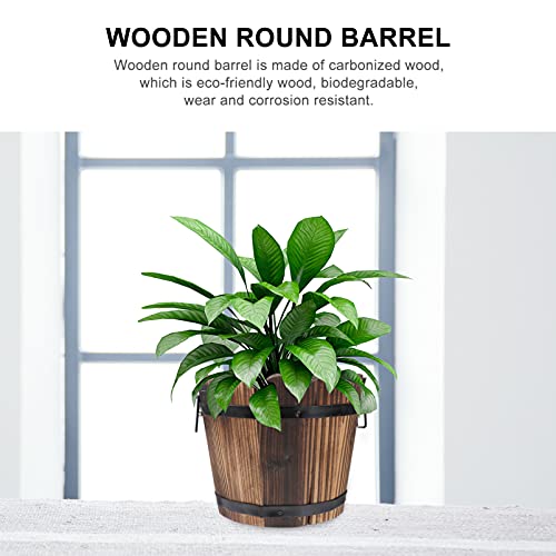 Yardwe Wooden Whiskey Barrel Planter Round Wooden Garden Flower Pot Decor Plant Container Wave Mouth Shaped Large 7.08X5.9 Inch (Brown) #TOP1