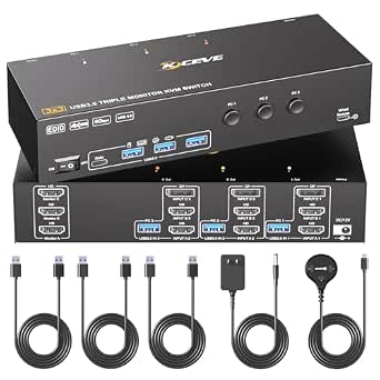 KVM Switch for 3 Monitors and 3 Computers with 4 USB 3.0 Ports, Supports 4K@60Hz, HDMI & DisplayPort