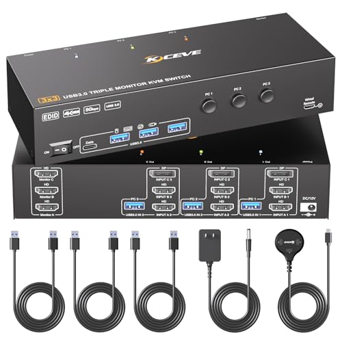 Image of KVM Switch 3 Monitors 3 Computers EDID Simulation 4K@60Hz,HDMI Displayport Triple Monitor KVM Switch,3 Monitor KVM with 4 USB 3.0 Ports for Keyboard Mouse, Wired Remote and 3 USB3.0 Cables Included