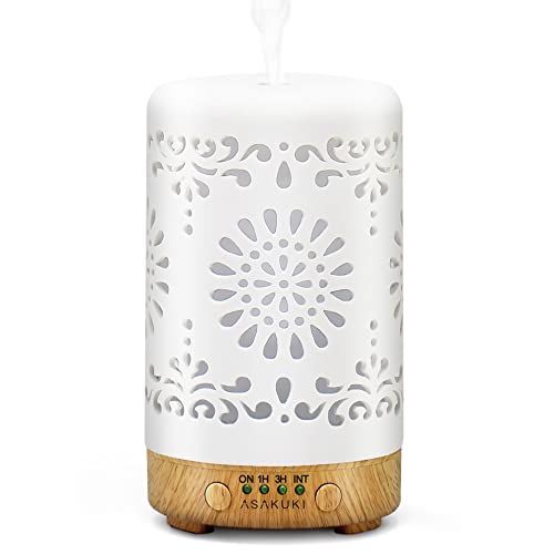 ASAKUKI Ceramic Diffuser, 100mL Essential Oil Diffuser with 7 LED Lights, Home Scent Diffuser Ultrasonic & Waterless Auto-Off Aromatherapy Diffuser for Essential Oils