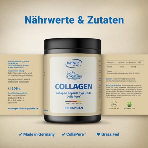 Kollagen Kapseln hochdosiert - 315 Stück - 4550mg Collagen Hydrolysat Peptide pro Tagesdosis - Made in Germany Collagen Kapseln Typ 1, 2 & 3 - Wehle Sports - Verpackung kann variieren 3