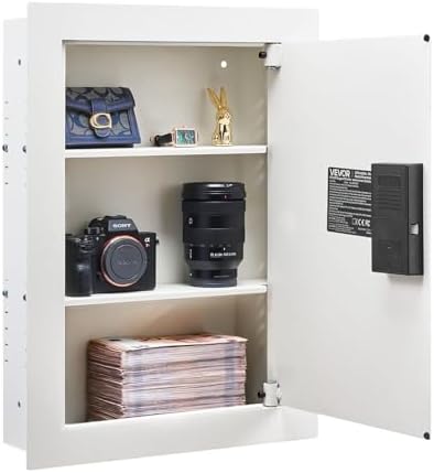 VEVOR 0.83 sq.ft Wall Safe, 3-Tier Hidden Wall Safe with Password, Key & Turning Knob, Q235 Cold-Rolled Steel In-Wall Box with Adjustable Shelves & Mounting Holes for Money, Jewelry, Passport, White