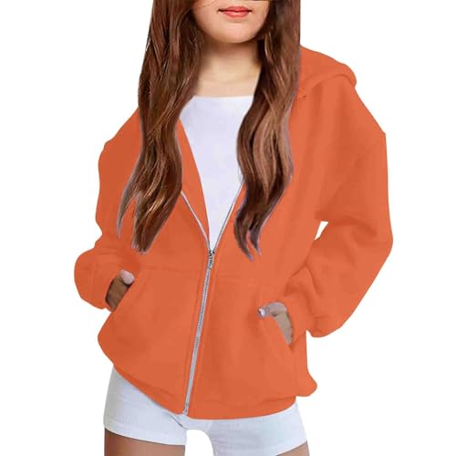 Girls and Toddlers' Fleece Zip Up Hoodie Sweatshirt Long Sleeve Oversized Hooded Winter (1-Orange, 13-14 Years)