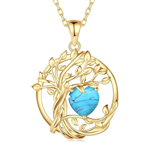FANCIME Collier Pendentif Arbre de Vie Femme, Pendentif Arbre Plaqué Or 14K avec Pierres de Turquoise, Bijou Cadeau Anniversaire pour Elle, Longueur de Chaîne : 40+5 cm