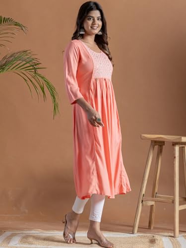 Image of rangita Peach Rayon Flared Embroidered Calf Length Kurta