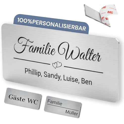 SMARTEON Personalisierte Namensschilder für Briefkasten aus Edelstahl, Klingelschild & Haustür – selbstklebendes Türschild mit Gravur, wetterfestes Briefkastenschild, Namensschild Klingel mit Logo