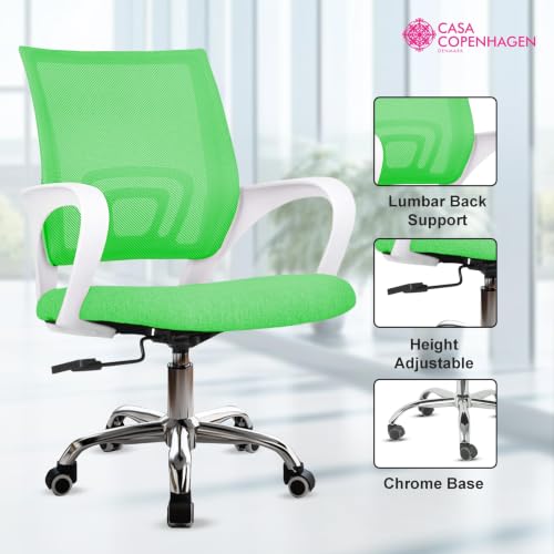 Image of Casa Copenhagen Mesh Mid Back Office /Study /Computer /Revolving /Desk Chair for Work from Home -Metal Base, Height Adjustable Seat - Green & White Handle