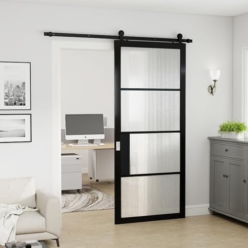 JUBEST 36"x84" Glass Barn Door, 4-Panel Reeded Safety Glass &