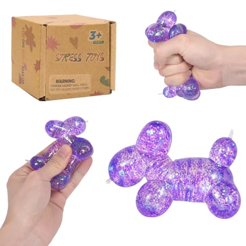 Balloon Dog Squishy Toy Stretchy Sensory Fidget Toy for Kids and Adults 1.97in Soft Stress Relief Squeeze Toy Cute Balloon Animal Desk Toy Glitter Squishy Gift(Purple)