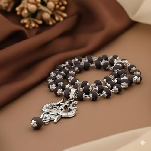 Image of OM Shiva Trishool Karungali Mala Original| Black Ebony Wood Original Karungali Malai| Protection, Meditation, Healing, Energy Balance, Shiva Bhakti Mala | for Men & Women