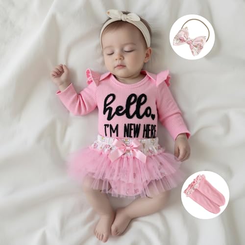 Hello Im New Here Newborn Outfit Infant Baby Girl Going Home Outfits Waffle Romper Tutu Skirts Dress Set With Socks2